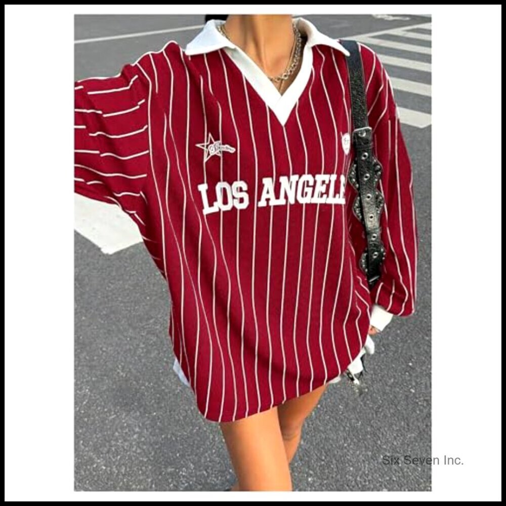 Oversized Striped Letter Print V-Neck Long Sleeve Jersey Tee Y2K Loose Fit - Picture 4 of 7
